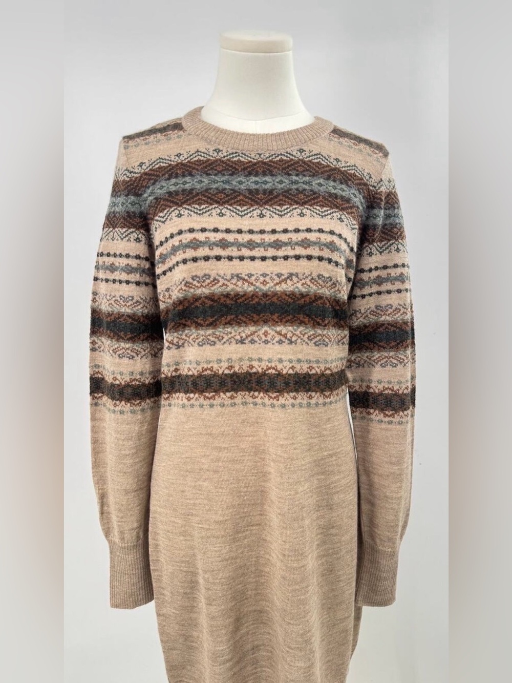 Peruvian Connection Cold Snap Alpaca Wool Sweater Dress Tan Fair Isle S NWT